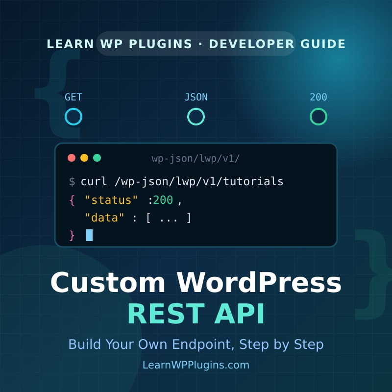 Custom WordPress REST API endpoint tutorial: a terminal window showing a curl request and JSON response from a custom WordPress route.