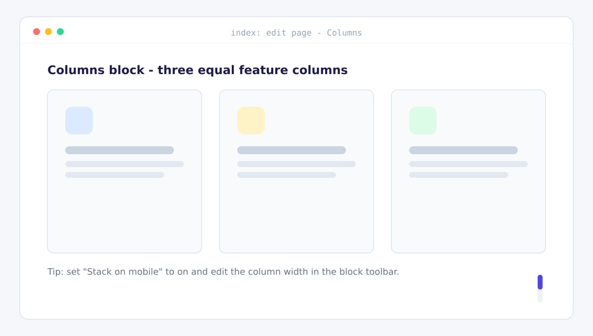 Wireframe of a three-column Gutenberg Columns block feature section