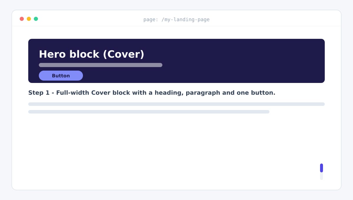 Wireframe of a Gutenberg Cover block hero section with a heading, paragraph and button
