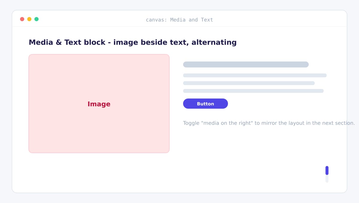 Wireframe of a Gutenberg Media and Text block placing an image beside a paragraph and button
