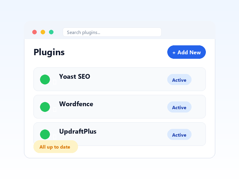 WordPress plugin dashboard showing installed plugins