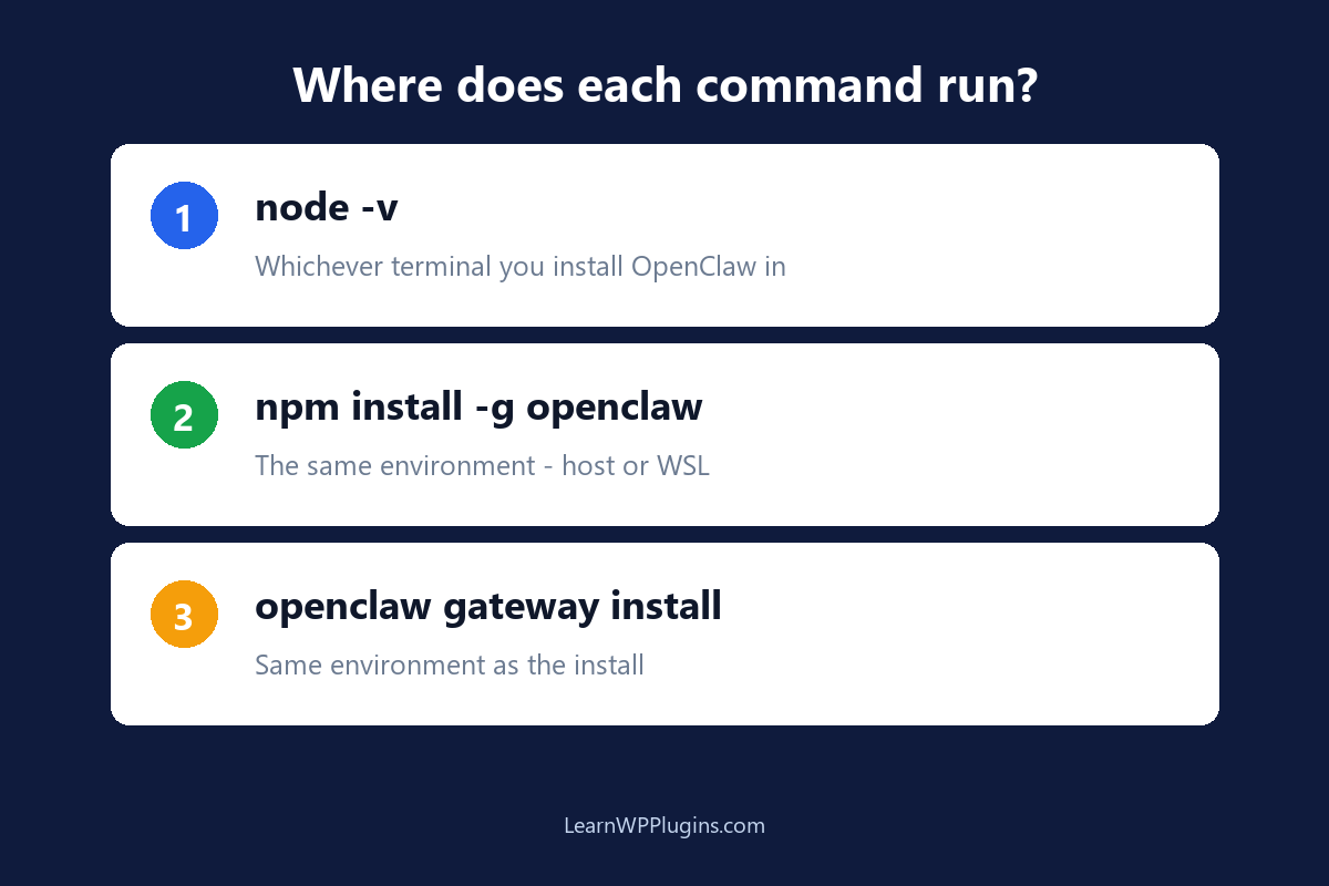 Where each command runs: node, npm, and openclaw in the same environment
